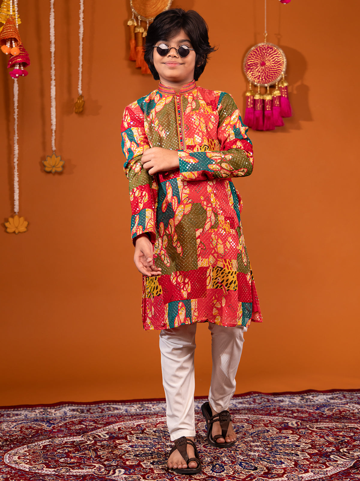 Floral printed silk pink kurta pajama