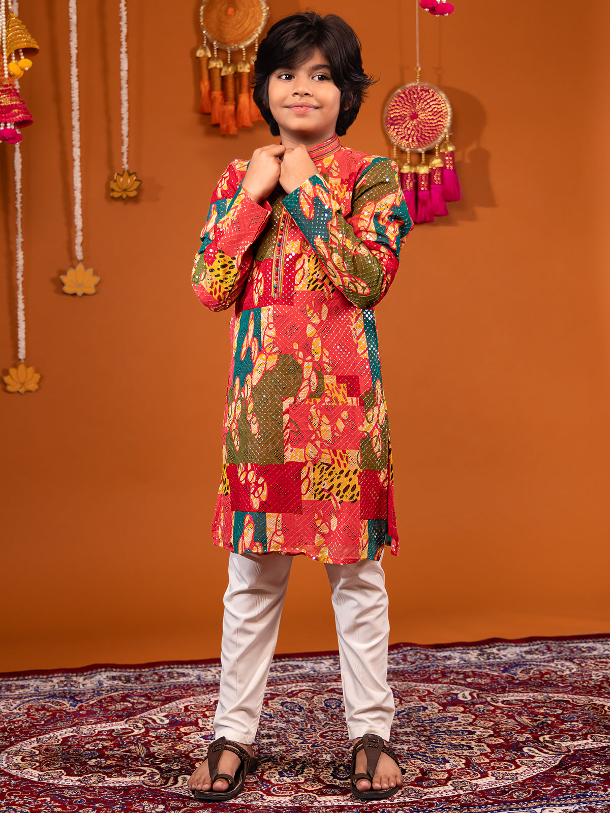 Floral printed silk pink kurta pajama