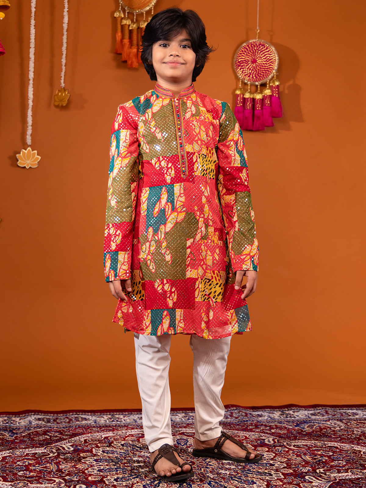 Floral printed silk pink kurta pajama