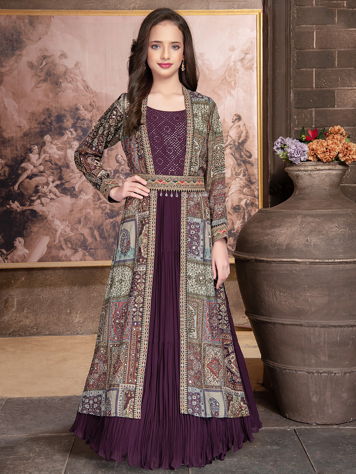 Georgette purple gown with printed shrug