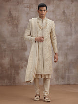 Gold art silk peshwai sherwani with dupatta for wedding