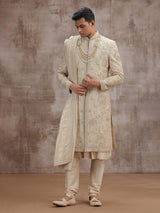 Gold art silk peshwai sherwani with dupatta for wedding