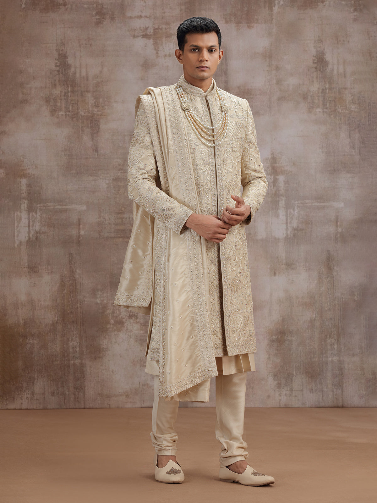 Gold art silk peshwai sherwani with dupatta for wedding