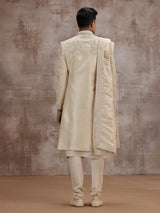 Gold art silk peshwai sherwani with dupatta for wedding