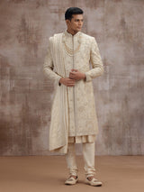 Gold art silk peshwai sherwani with dupatta for wedding