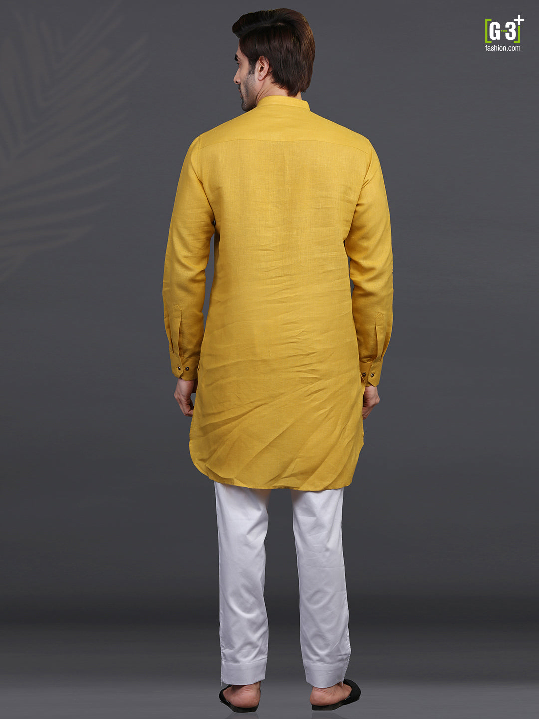 Gold linen half buttoned placket kurta suit