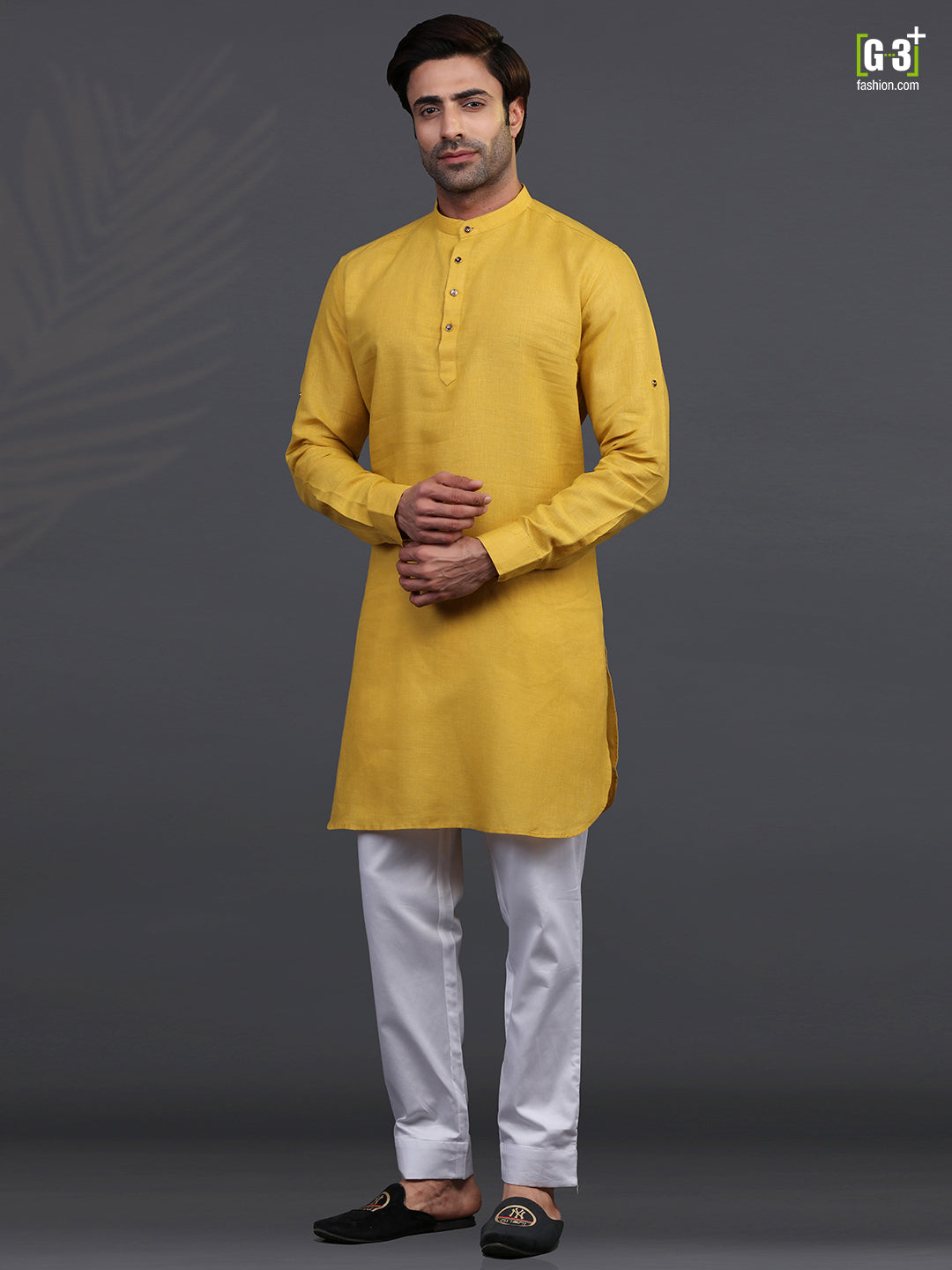 Gold linen half buttoned placket kurta suit