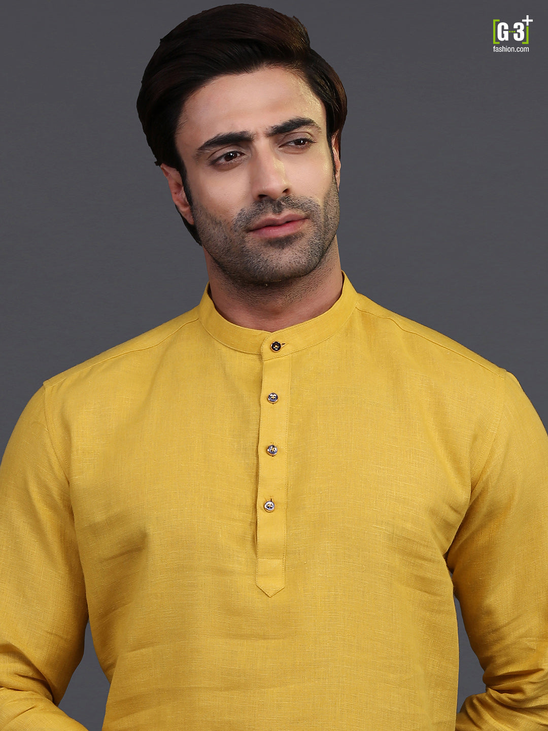Gold linen half buttoned placket kurta suit