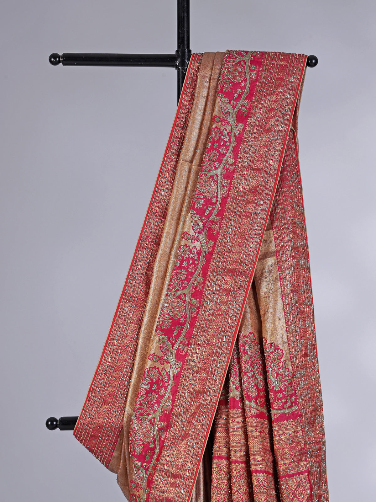 Gold pink tissue silk printed heavy work saree