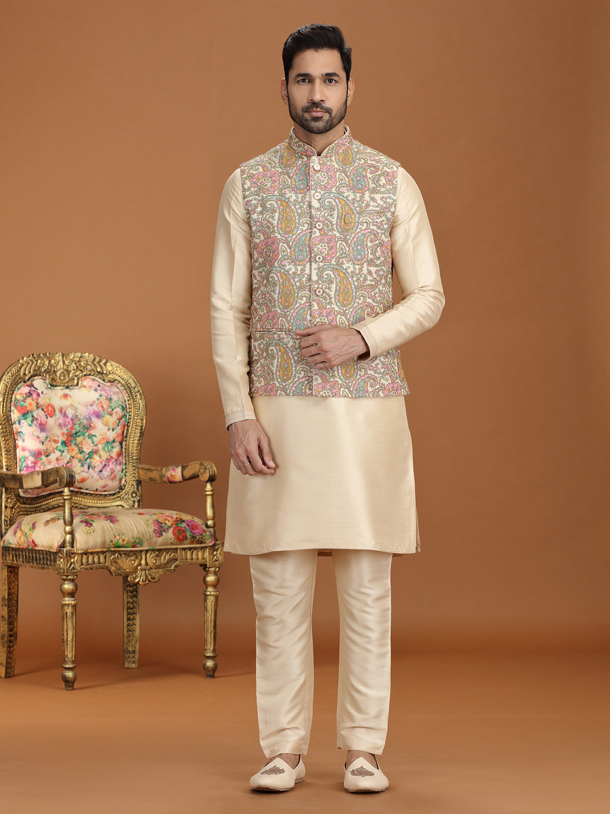 Golden georgette waistcoat set for wedding