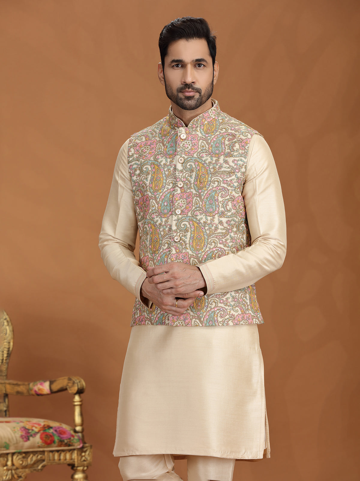 Golden georgette waistcoat set for wedding