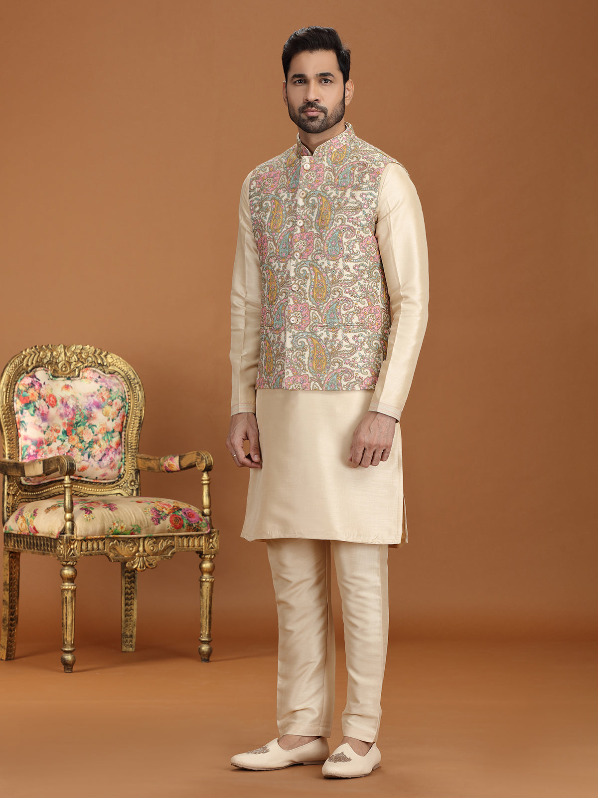 Golden georgette waistcoat set for wedding