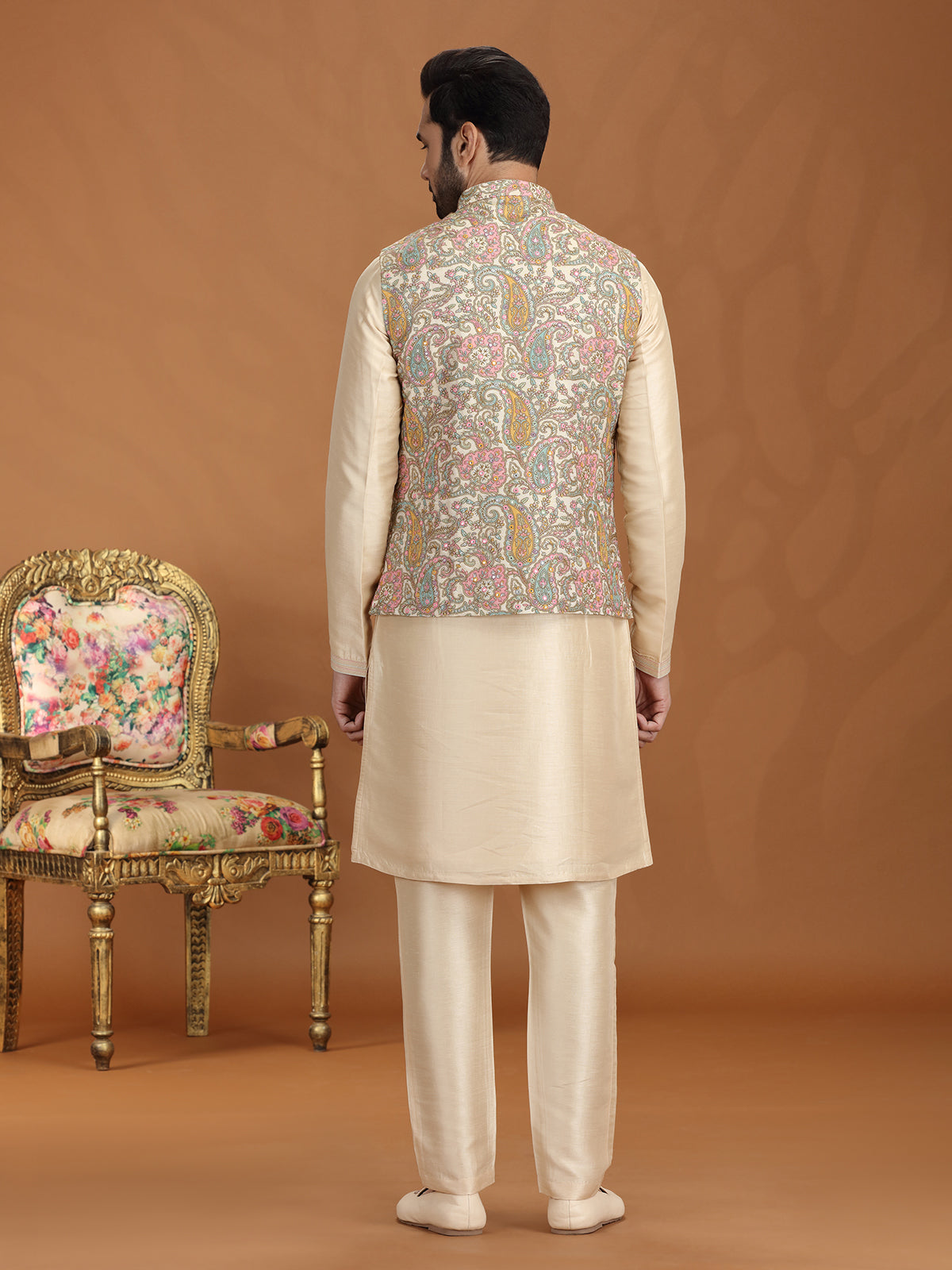 Golden georgette waistcoat set for wedding