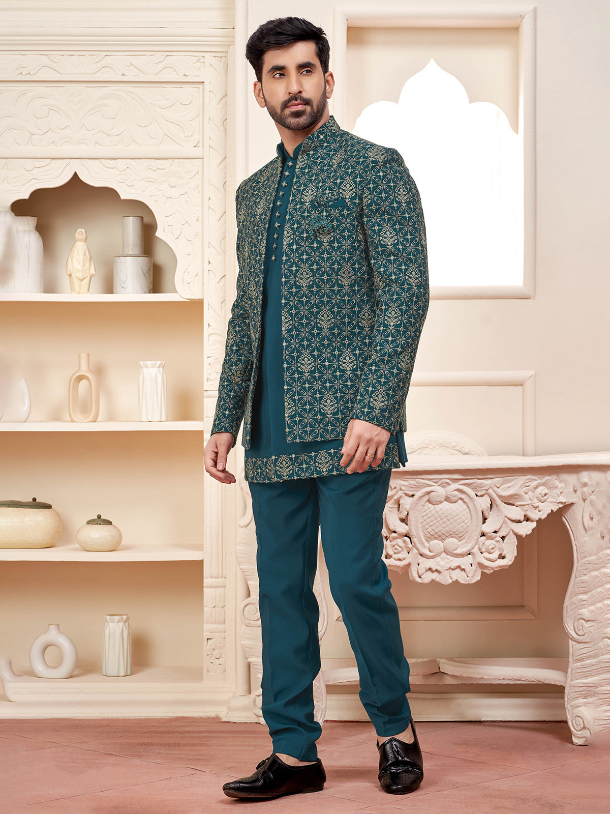 Graceful rama green indowestern for weddings