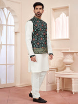 Graceful white and green waistcoat set for festive moments