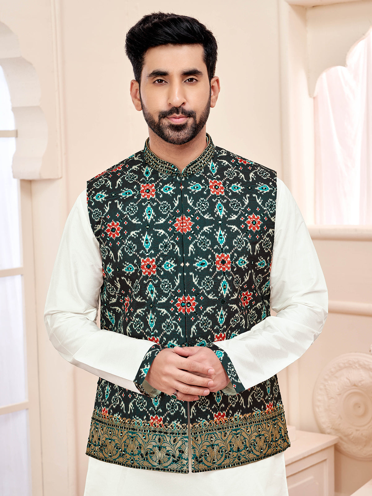 Graceful white and green waistcoat set for festive moments