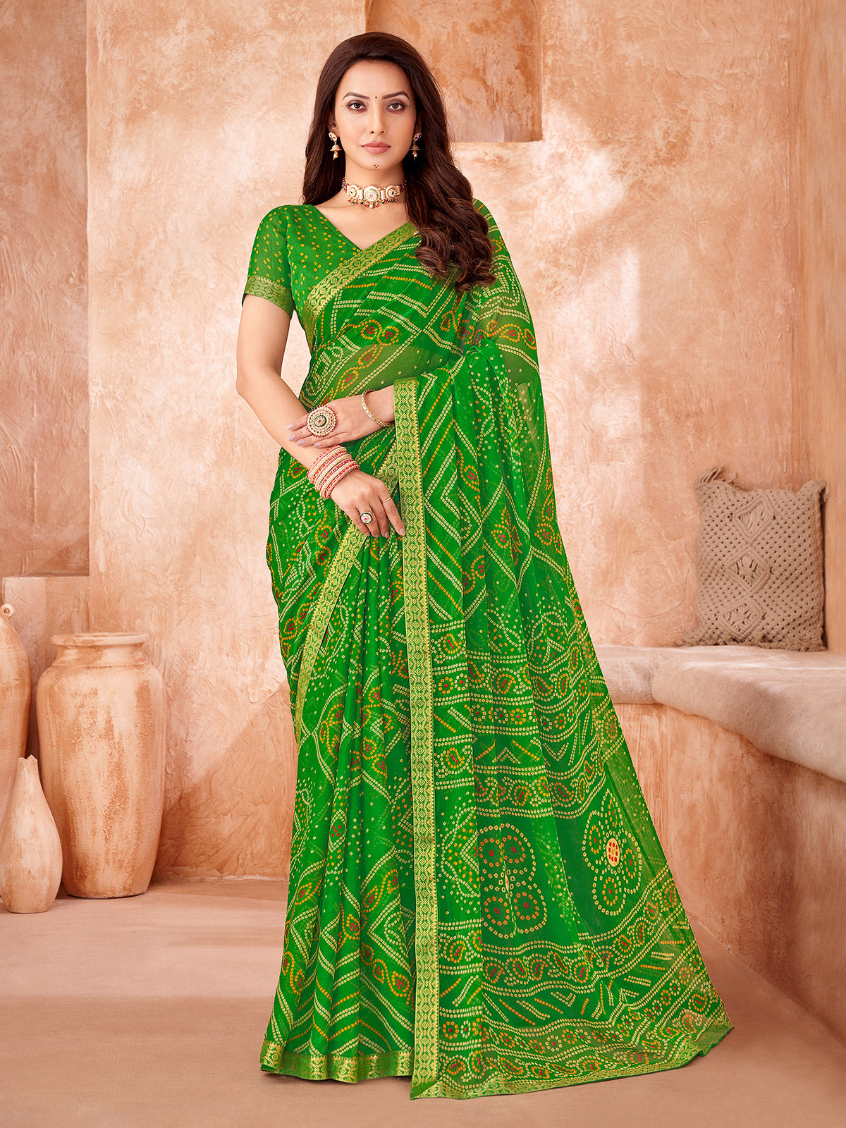 Green chiffon bandhani printed saree for women