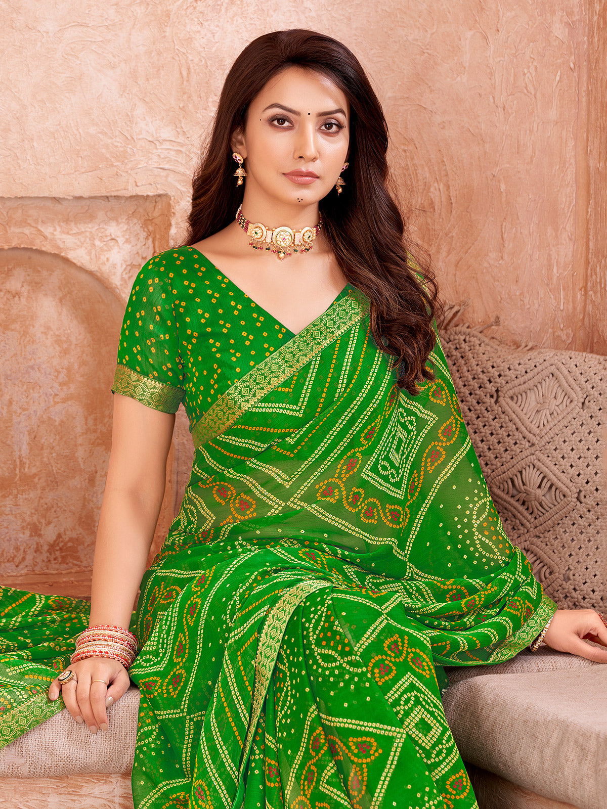 Green chiffon bandhani printed saree for women