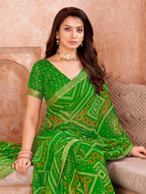Green chiffon bandhani printed saree for women