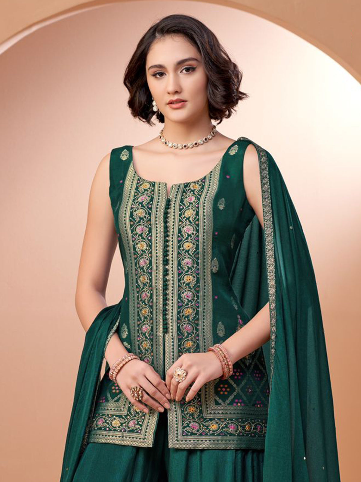 Green chiffon palazzo suit with thread and aabla work