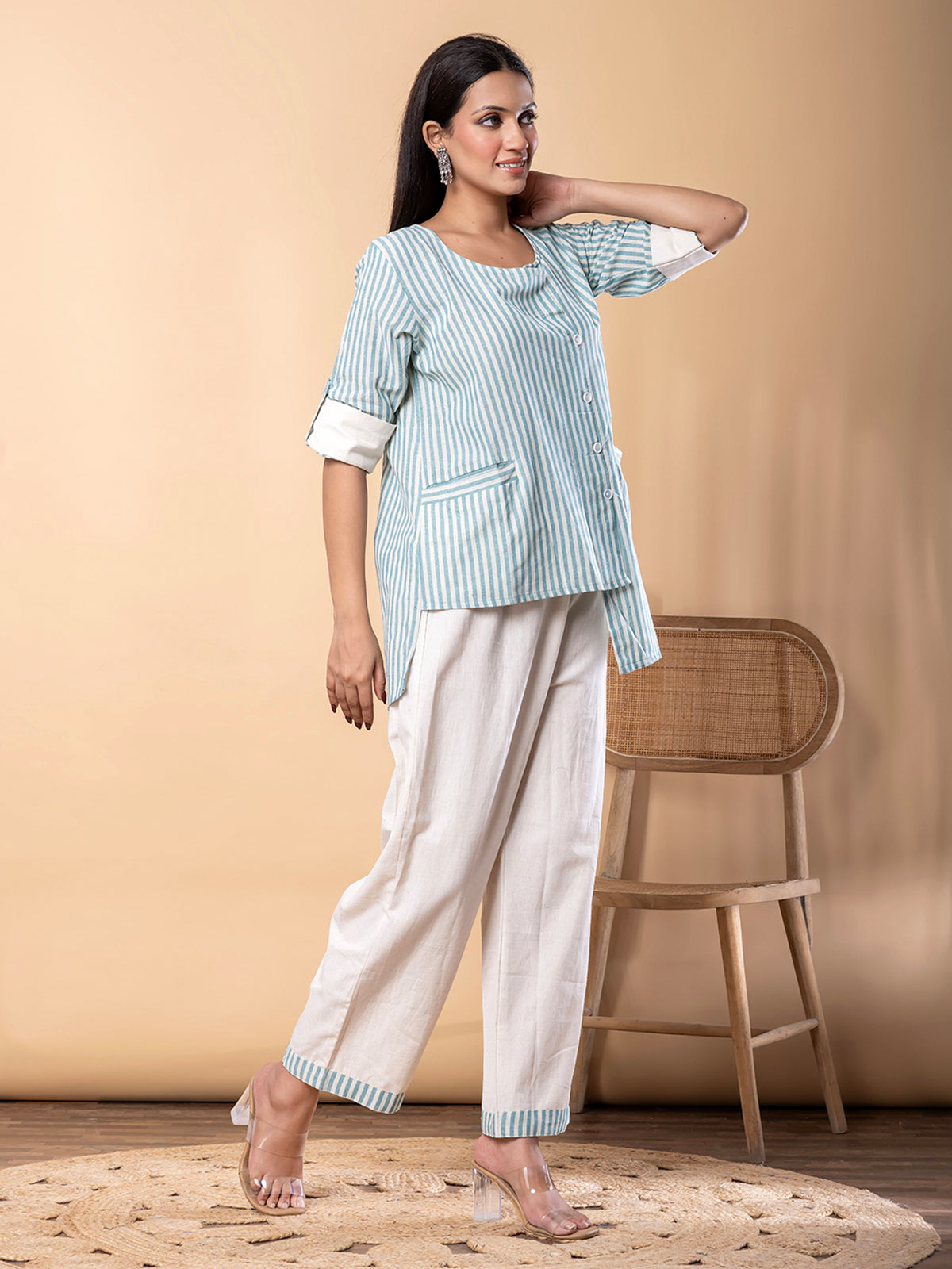 Green cotton silk striped co ord set
