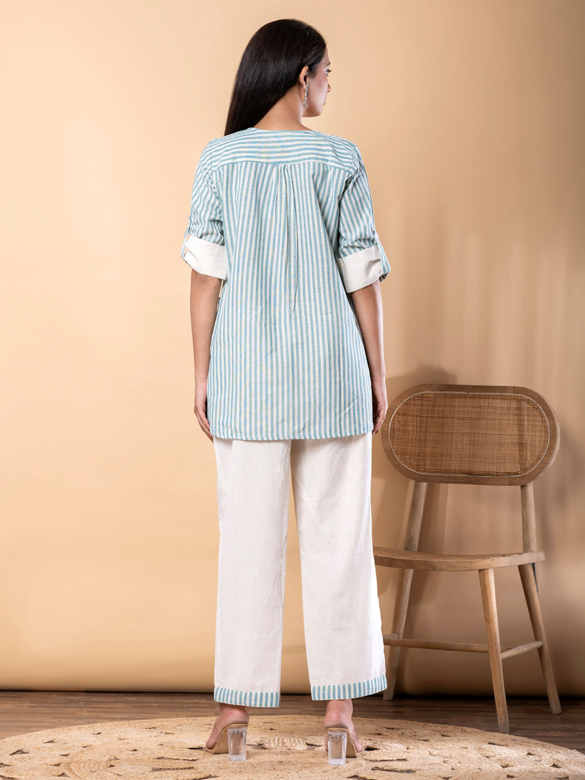 Green cotton silk striped co ord set