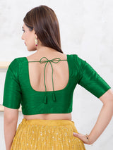 Green dupion silk front open elbow sleeve blouse