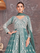 Green georgette V neck lehenga suit
