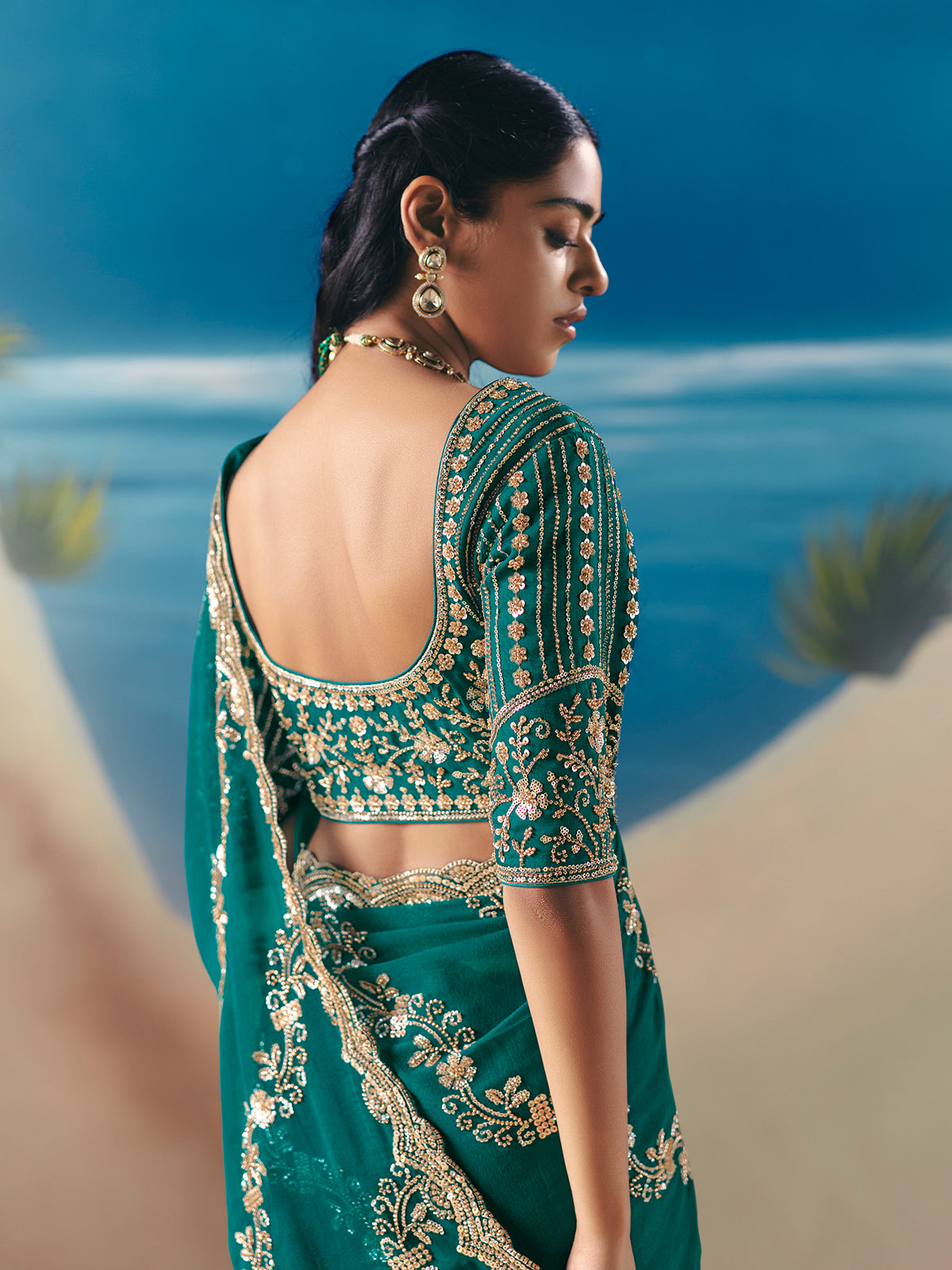 Green satin organza embellished occasion saree
