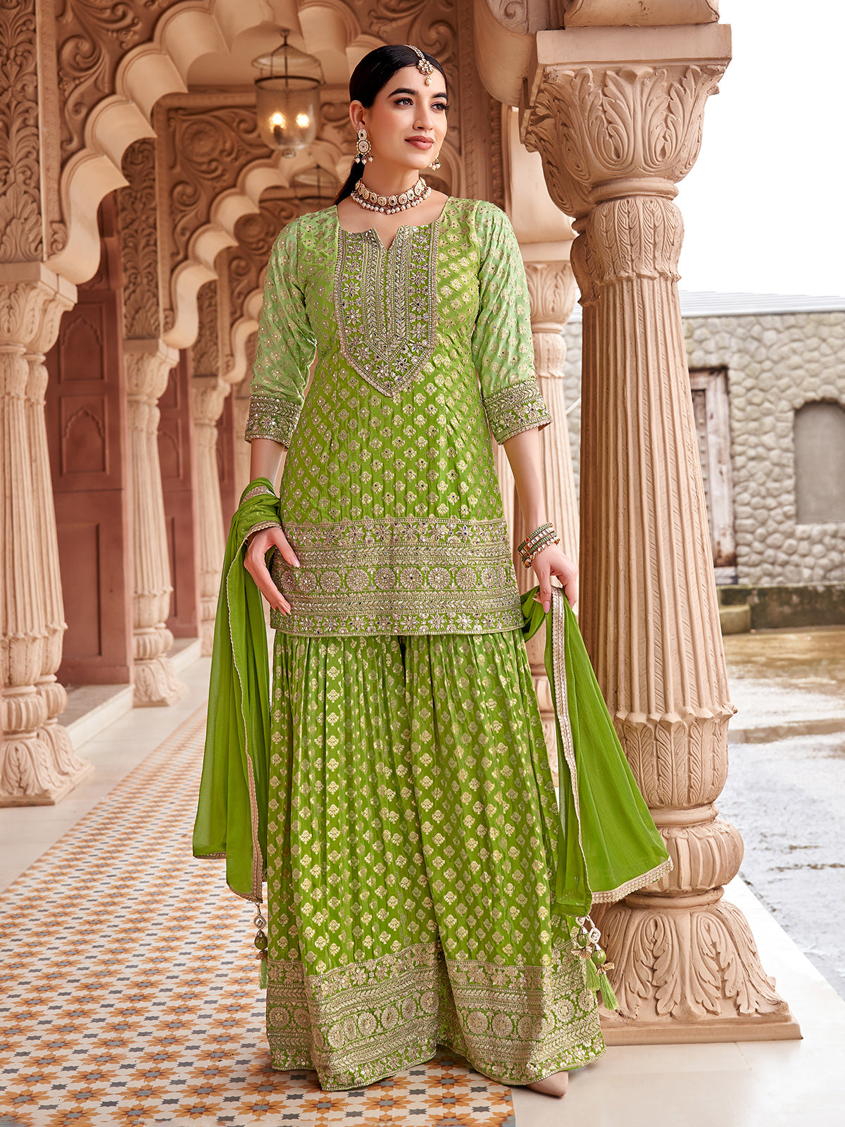 Green silk pakistani sharara Suit with dupatta