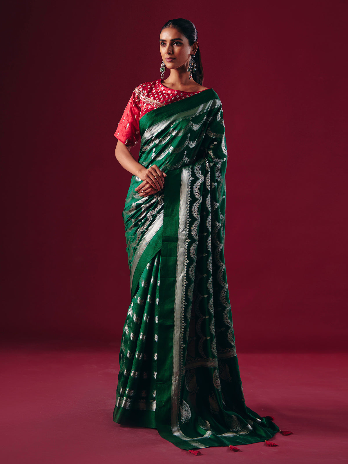 Green silk saree with silver zari weave