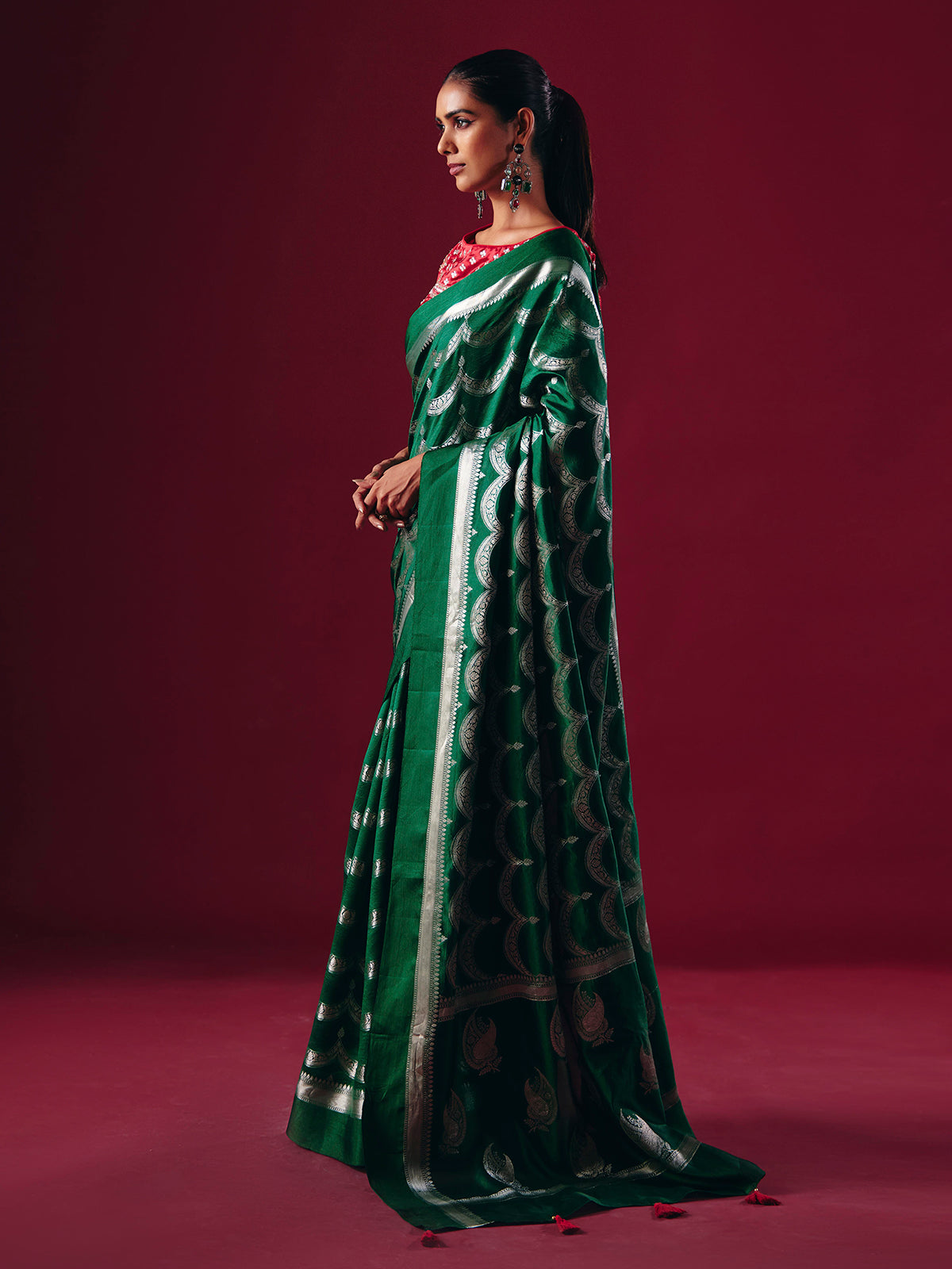 Green silk saree with silver zari weave