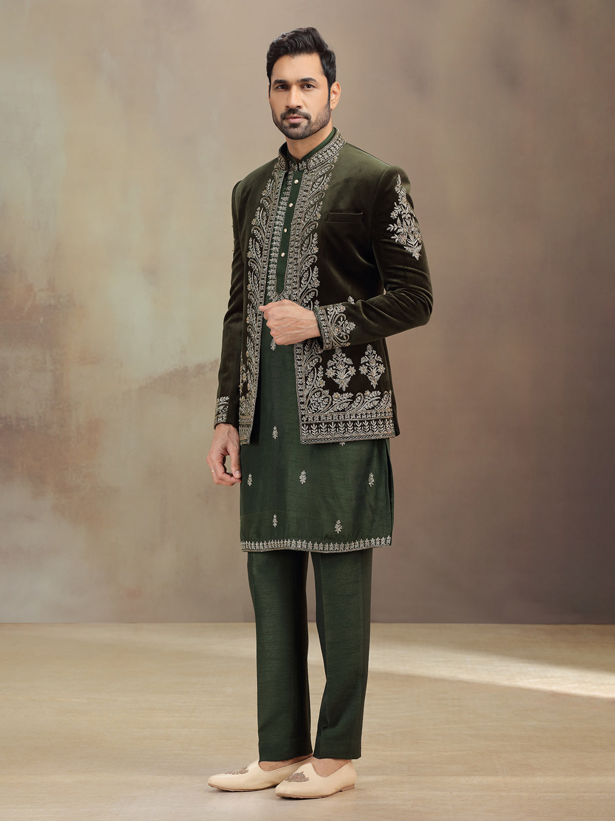 Green wedding wear velvet indowestern for men