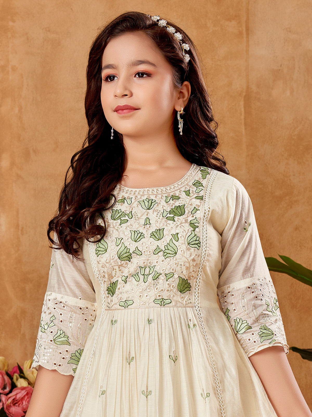 Green white cotton silk pant salwar suit with dupatta