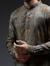 Grey ajarakh printed silk kurta suit for men