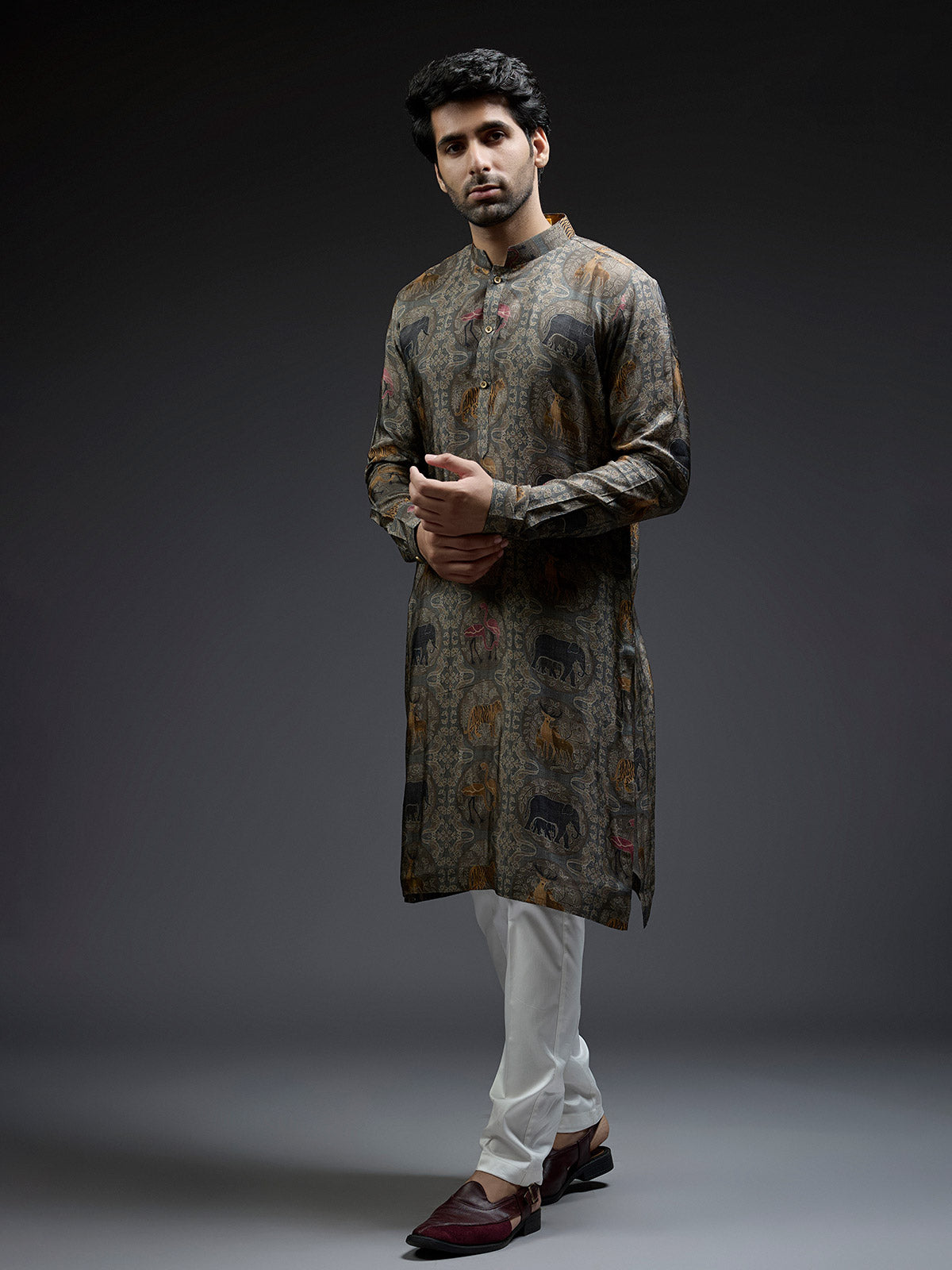 Grey ajarakh printed silk kurta suit for men