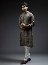 Grey ajarakh printed silk kurta suit for men