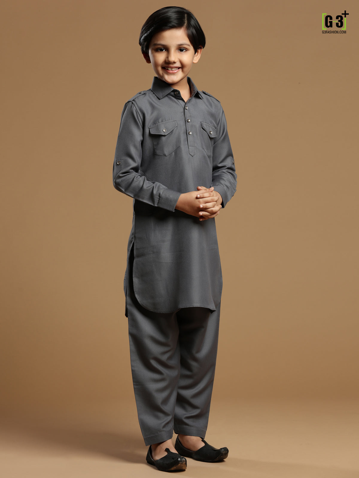 Grey boys festive events cotton silk plain pathani suit