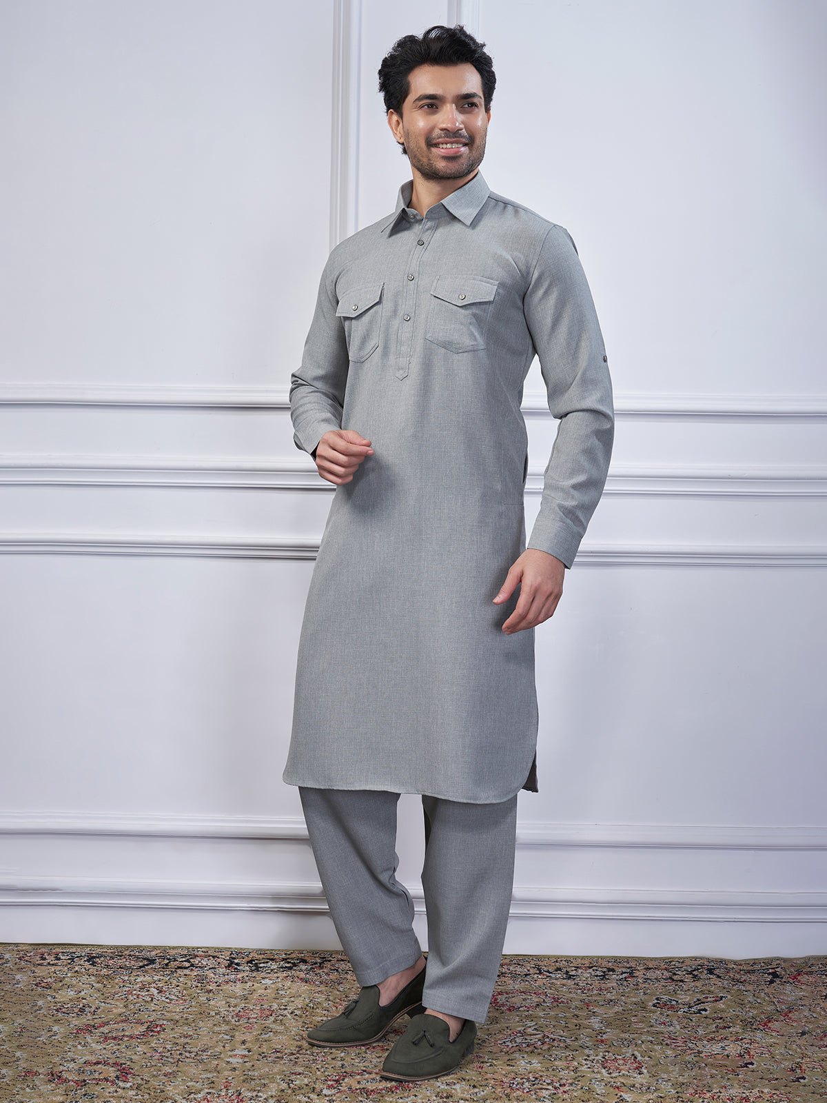 Grey cotton pathani kurta suit for men