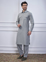 Grey cotton pathani kurta suit for men