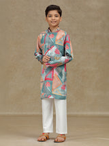 Grey cotton silk printed kurta set for boys