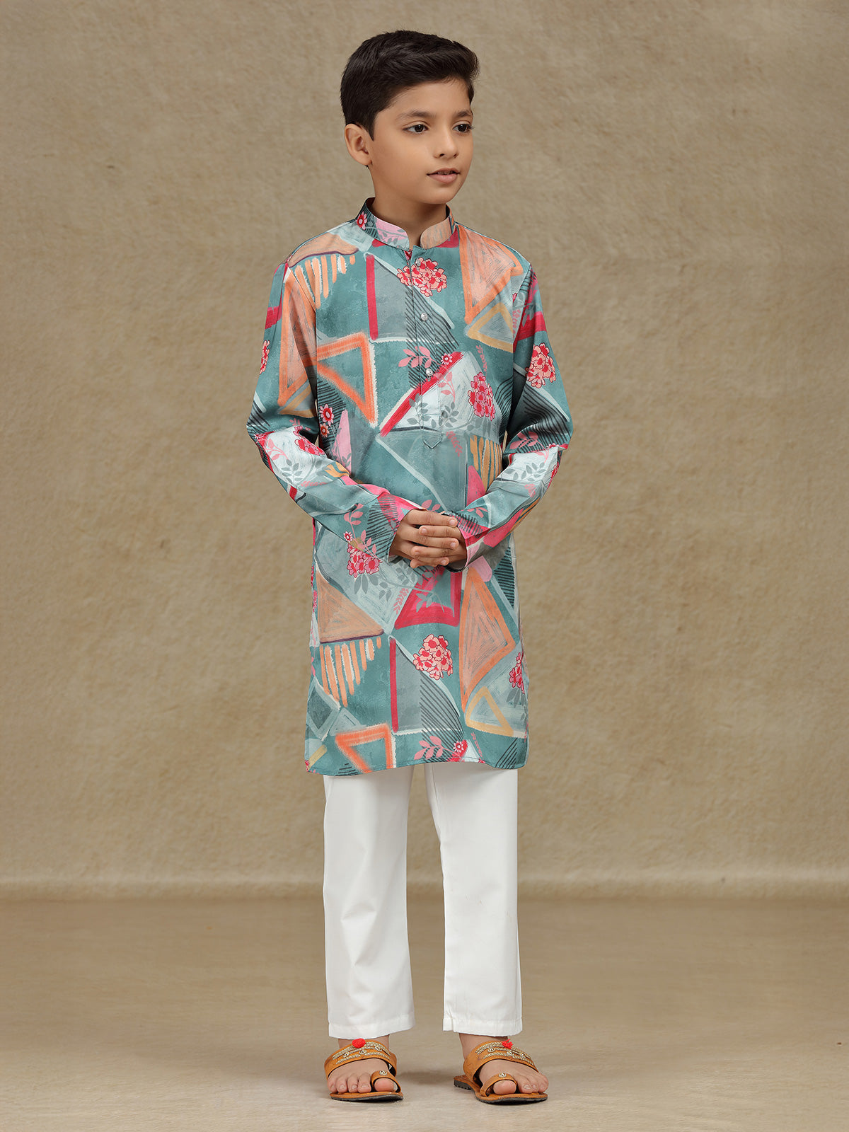 Grey cotton silk printed kurta set for boys