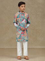 Grey cotton silk printed kurta set for boys