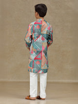 Grey cotton silk printed kurta set for boys