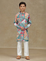 Grey cotton silk printed kurta set for boys