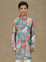 Grey cotton silk printed kurta set for boys