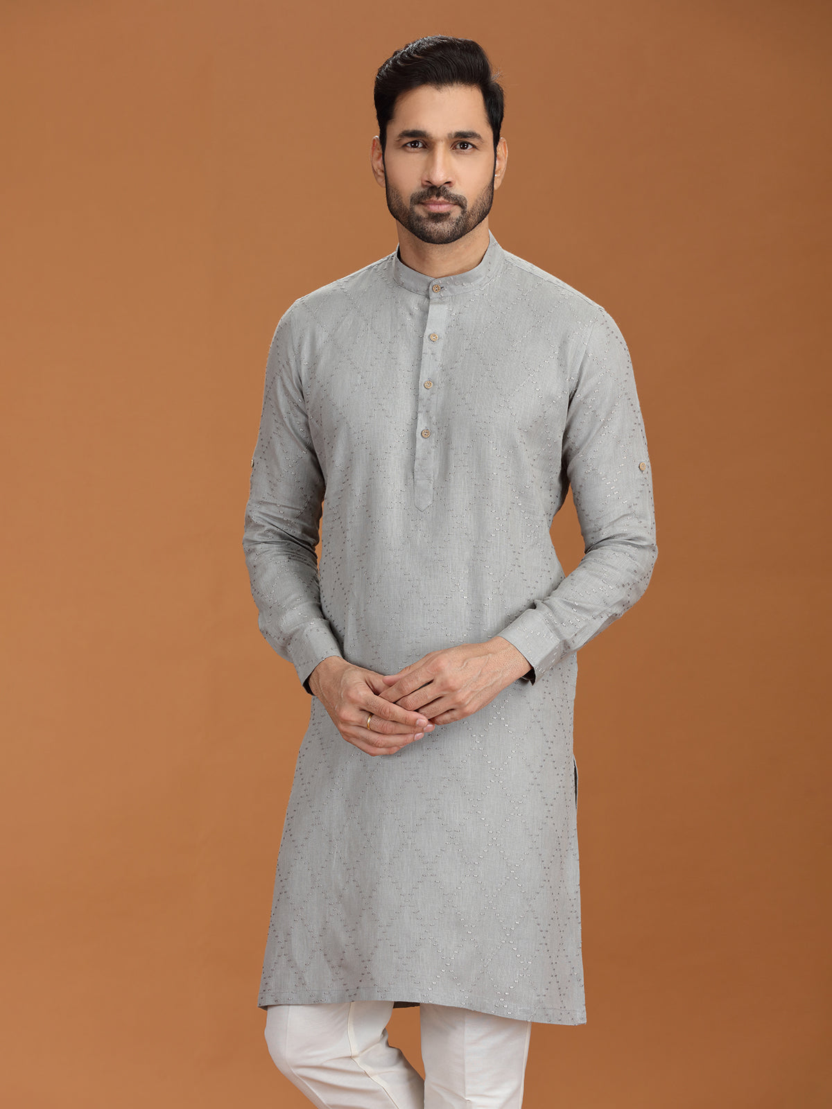 Grey embroidered linen festive kurta set