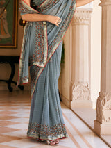Grey georgette saree with print