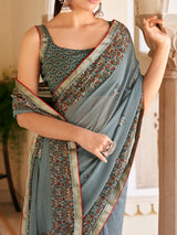 Grey georgette saree with print
