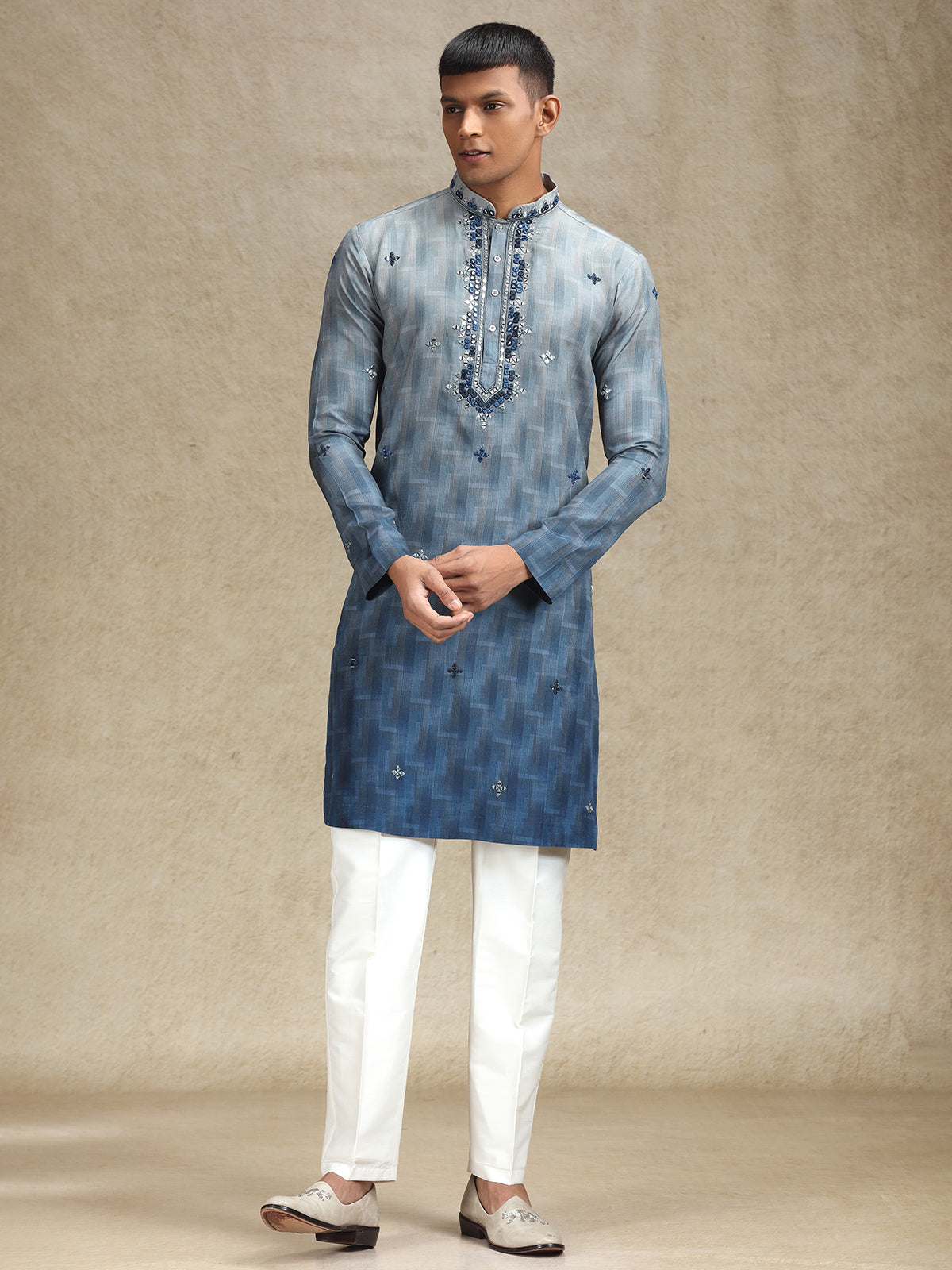 Grey kurta pajama in embroidery and mirror